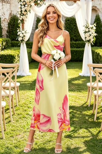 Image of Women's Summer Satin Dress Elegant Cowl Neck Adjustable Spaghetti Strap Wedding Guest Cocktail Party Maxi Dresses