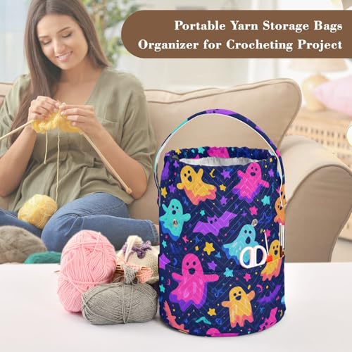 Image of ElliTarr Crochet Bag Yarn Bag with Handle Portable Knitting Project Bag Travel Yarn Storage Organizer Holder Case Neon Halloween Ghosts Stars Bats