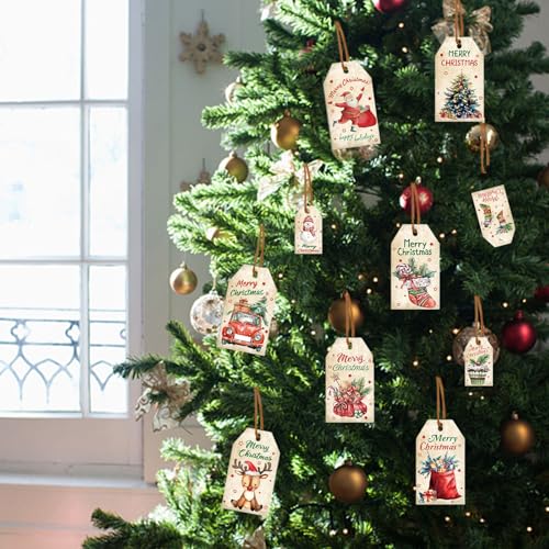 CUVZORA Weihnachten Kraftpapier Etiketten,50 Stück Weihnachten Anhänger Kraftpapier Geschenk Geschenkanhänger Mit 50 Stück Bindfaden, für DIY Geschenkverpackungen, dekorative Geschenke(A)