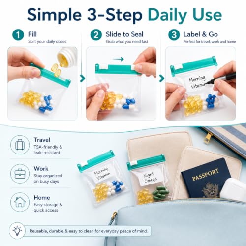 Image of Self Sealing Zipper Medicine Bags, Waterproof Pill Pouch Organizer with Slide Lock, Reusable Pill Pouches for Travel, Double-Track Airtight Sea, for Daily Use Medicine Qtips Small Items (28Pc)