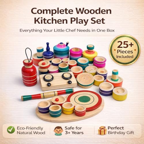 Image of Mamushop Chennapattana Wood Eco Friendly Wooden Kids Toy Kitchen Set /Choppu Jaman Made In India Kids Gas Stove With Cylinder Combo-Multi Color