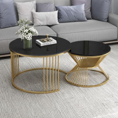 Image of Modern Nested Coffee Table Set of 2 | Round Marble Finish Tabletop with Metal Base | Luxury Center Table for Living Room, Lounge & Office