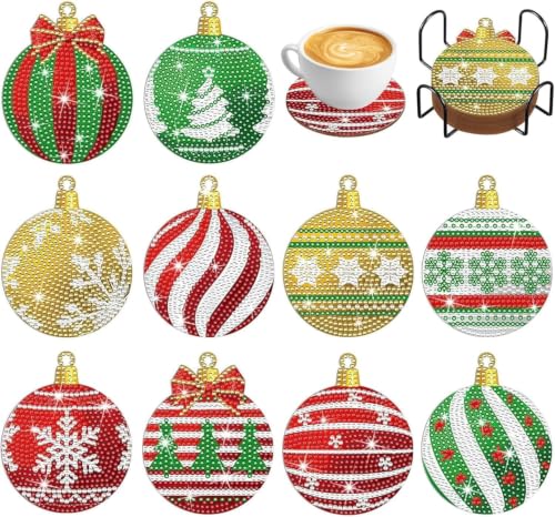 Hoxxu 10pcs Christmas Diamond Art Coasters Kit 5D Painting Kits with Stand