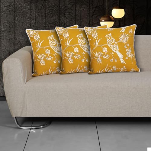 Image of ODE & CLEO Cotton Slub Cushion Covers 18 inch X 18 inch with Zip Closure, Shaneel Dori & Chicken Embroidery, Pillow Cover for Sofa, Living Room, Bed or Home Decor - Yellow, Set of 3