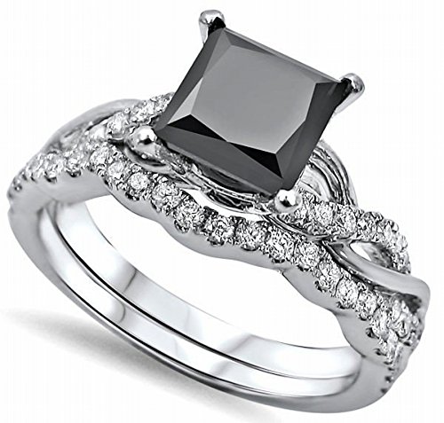 1.5 Ct Black Princess Cut Diamond Engagement Ring Bridal Set 10k White Gold2