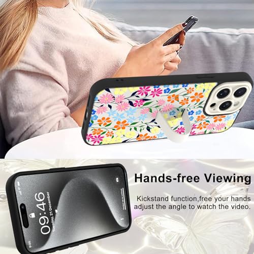 Image of for iPhone 15 Pro Max Case with Finger Strap Holder, Cute Colorful Floral Flower Print Pattern Design for Women Girls, Shockproof Anti Scratch Hand Kickstand Protective Cover, White