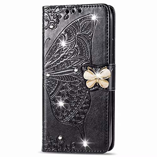 Preisvergleich Produktbild Homikon PU Leder Hülle Retro Blumenschmetterling Schutzhülle Brieftasche Bookstyle Glitzer Strass Diamant Handyhülle Kunstleder Silikon Tasche Case Kompatibel mit Samsung Galaxy S9 Plus - Schwarz