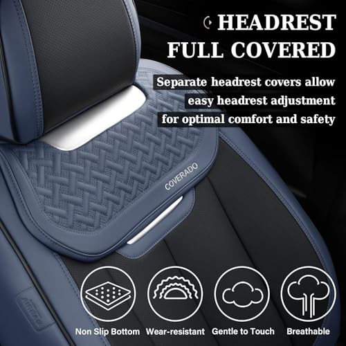 Image of Coverado Front Seat Covers, Breathable Nappa Leather Car Seat Cover, Universal Seat Covers for Cars, Waterproof Car Seat Protector, Driver Seat Cover Fit for Most Cars(Blue&Black)