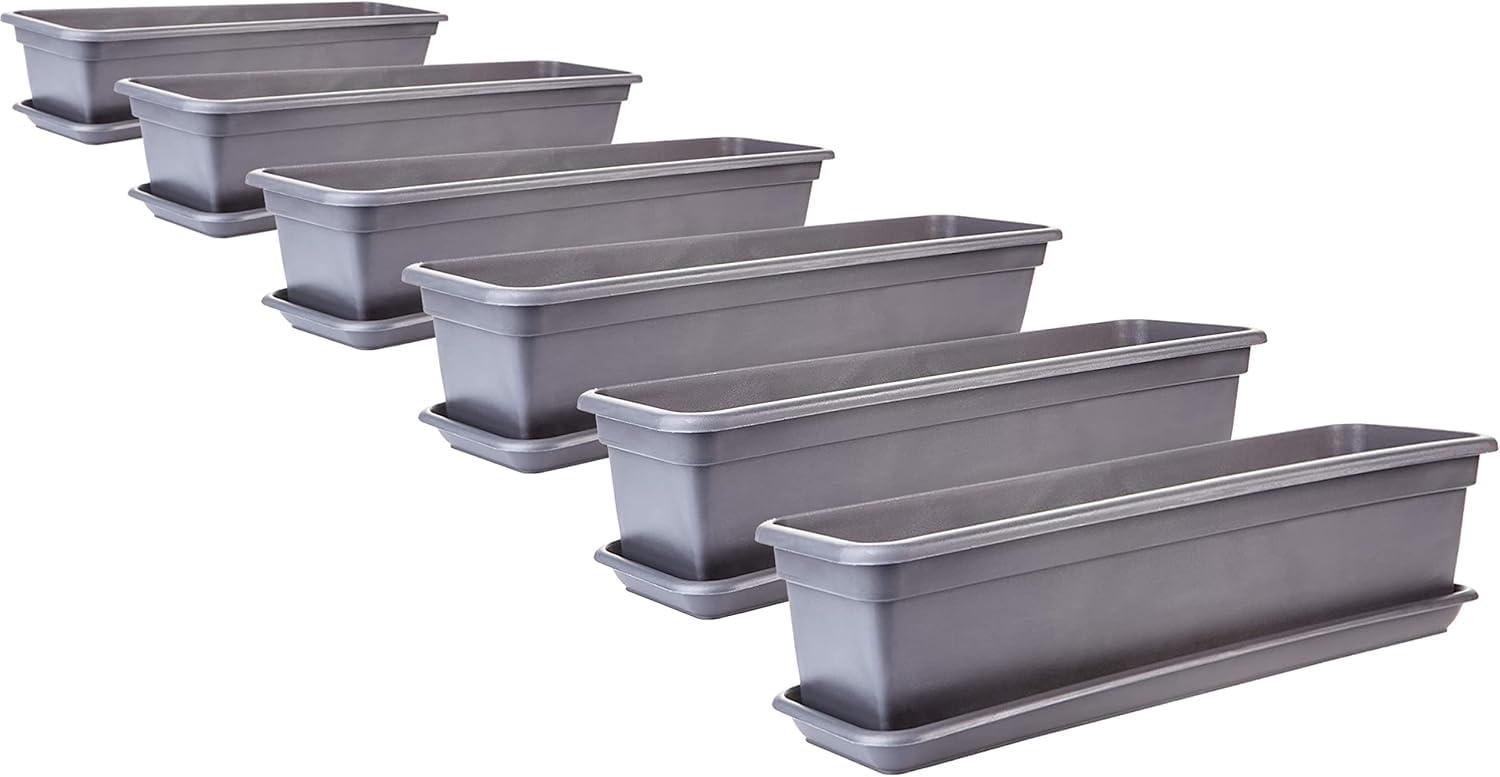 2friends Carl Lot de 6 jardinières de balcon avec soucoupe, 80 cm, en plastique de haute qualité, anthracite, rectangulaire, modèle : Carl, fabriqué en UE