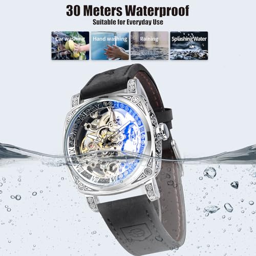 Forsining Watches For Man, Square Retro Mechanical Watch Self-Wind Carved, Skeleton Automatic Watches Vintage Leather Strap Wristwatch thumb #5