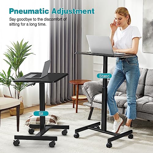 Image of DUMOS Mobile Rolling Desk with Wheels Adjustable Height Small Standing Desks Portable Laptop PC Table Computer Workstation for Home Office Small Space Modern Black