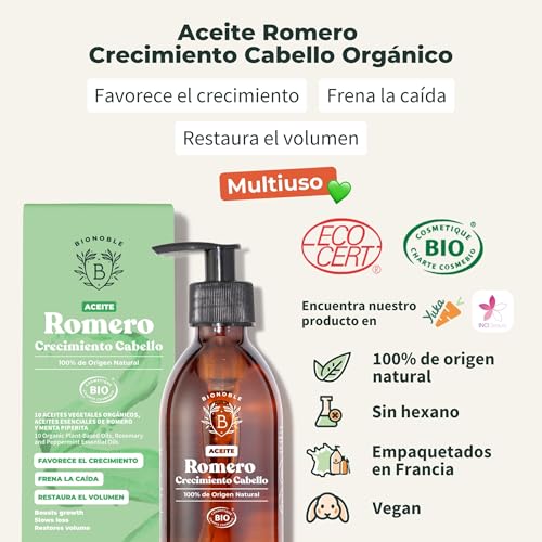 Miniatura 2 de Bionoble Aceite De Romero Para El Cabello Orgánico - Estimula Crecimiento Y Reduce Caída - Aceite Esencial De Romero Y Aceite De Ricino - Rosemary Oil Hair Growth - Botella De Vidrio Bomba - 200ml