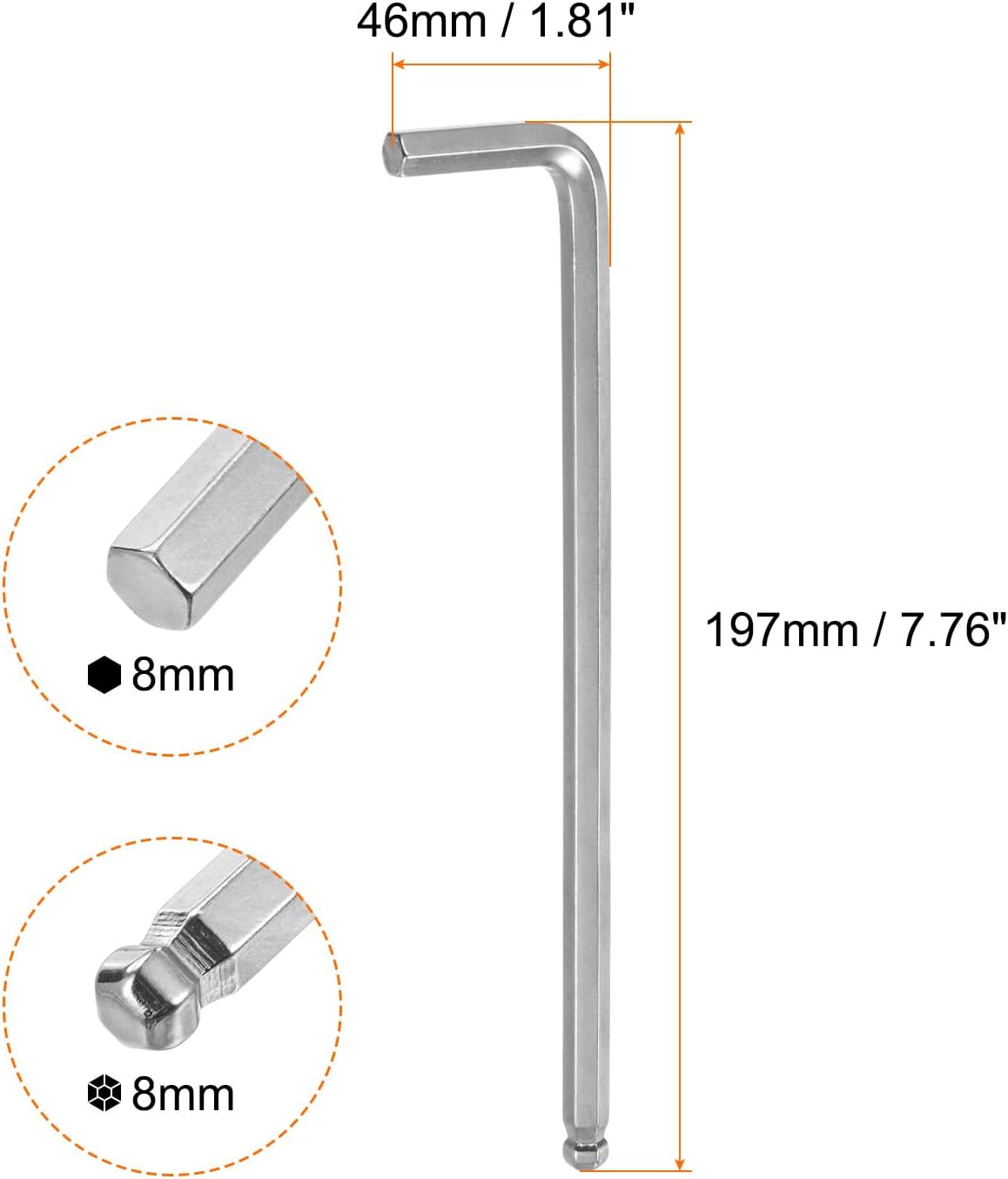 HARFINGTON Ball End Hex Key Wrench 8mm L-Shape Extra Long Arm Hexagon Metric Wrenches Chrome Vanadium Steel Repairing Tool for Home Repair