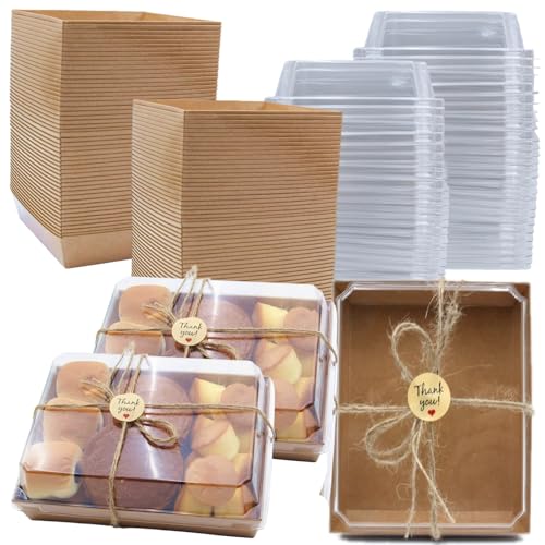 ToppYuanZea 40-Pack Brown Paper Charcuterie Boxes with Transparent Lids - 7 x 5 Inch Disposable Bakery Containers for Cakes, Cupcakes, Sandwiches, Cookies, Salads