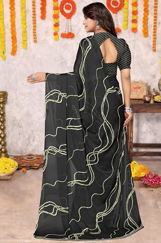 Image of MIRCHI FASHION Saree for Woman Chiffon Georgette Geometric Printed | Lightweight Farewell and Women's Office Sari with Blouse Piece