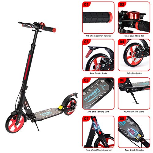 Scooter for Adults Scooters for Teens 12 years and Up, Disc and Rear Dual Brakes Design, Kick Scooters with Carry Strap and Bell, Large 8\" Wheels, Easy-Folding System, Height-Adjustable, Up to 220 lbs - Thumbnail 5