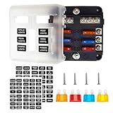 6 Way Fuse Block, 12V Waterproof Boat Fuse Panel with LED Warning Indicator Damp-Proof Cover, 6 Circuits with Negative Bus Fuse Box for Auto Car Marine Golf Cart RV Truck DC 12V-24V, Fuses Included