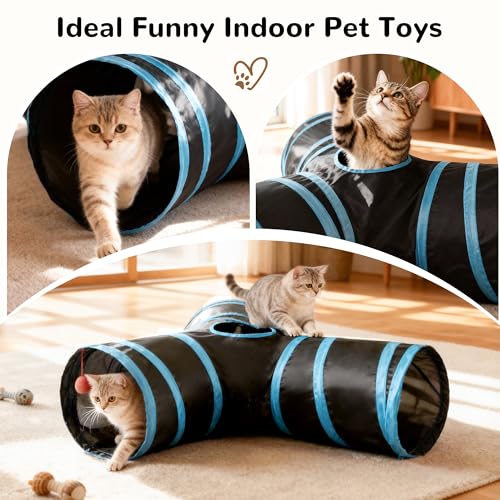 Image of Tempcore Cat Tunnel for Indoor Cats, 3 Way Collapsible Pet Play Tunnel with Teaser Wand, Peek Holes & Hanging Ball, Interactive Tube for Kittens & Rabbits, Black & Blue Large Size