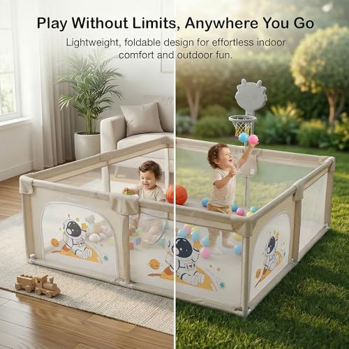 Image of Baybee 200 x 180 CM Kids Playpen for Babies with Basket Ball Hoop | Baby Play Area Indoor Setup with Colourful Balls, Zipper Door & Toys Pouch | Kids Activity Play Gate Fence with Corner Protection | Outdoor play pen for baby for 0 - 5 years Boys Girls (Beige)