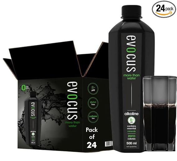 Evocus Black Alkaline Drink | Infused with Essential Minerals | 8+ pH Alkaline | Pack of 24 (500mL Each) Bottled Water | Mineral Water