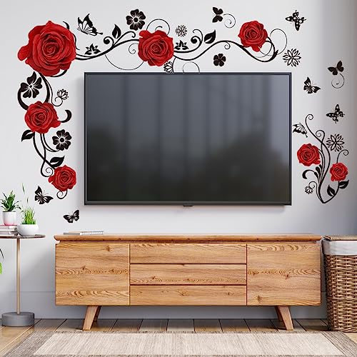 HGDESIGN® Wandtattoo Wandaufkleber Rot Rosen Blumenranke Wohnzimmer Schlafzimmer Wandsticker Wandbild Wanddeko Selbstklebend (Rot)
