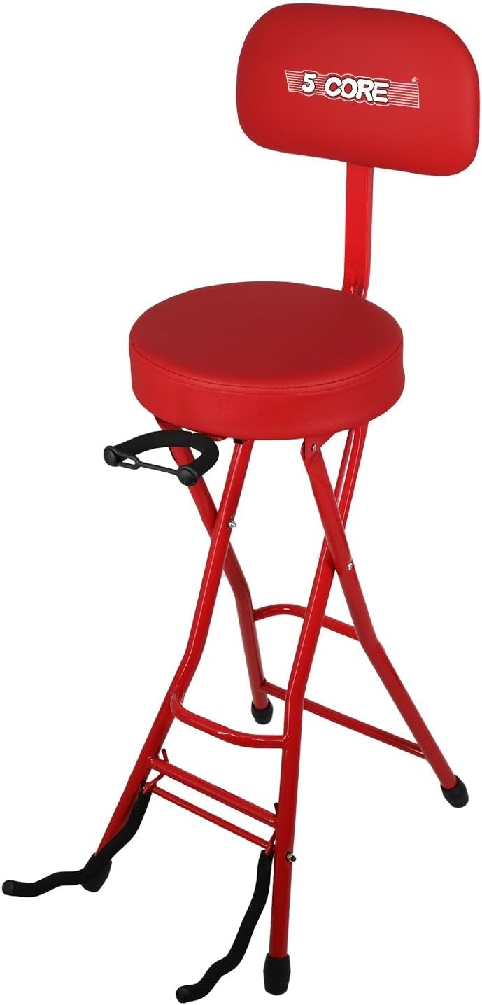 5 CORE Guitar Stool 3.15" Padded Chair w Backrest Foldable Seat w Foot Rest Guitar Stand for Acoustic Electric Bass Guitars - GSTOOL RND RED Rest