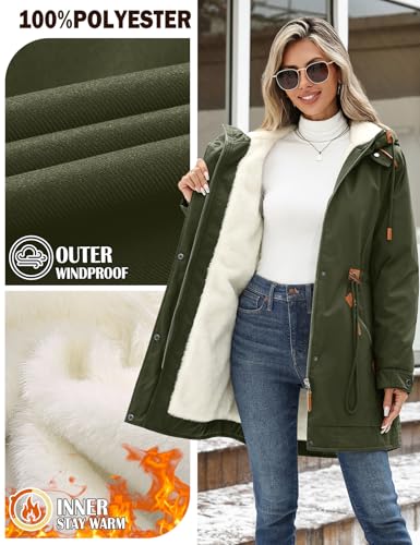 RITOSTA Winterjacke Damen Lang Parka Fleece Gefüttert Damen-Jacken Winter Wintermantel Warm Mantel Hooded Jacket Kapuzenjacke Winterparka Softshellmantel mit Kapuze Taschen(Grün,XXL)