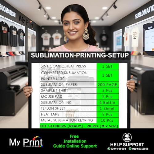 Image of Complete Sublimation Printing Business Setup | T-Shirt & Mug Printing Machine | Heat Press 5 in 1 + Printer + Ink + Paper | Start Small Business | MY PRINT (with Slider Heat Press)