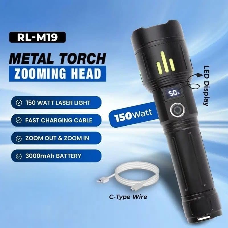 Image of RL-M19 150W Flashlight | Zooming Head | 3000mAh Type-C Rechargeable Torch | Aluminum Alloy Metal Body | Type-C Fast Charging Torch for Night & Outdoor
