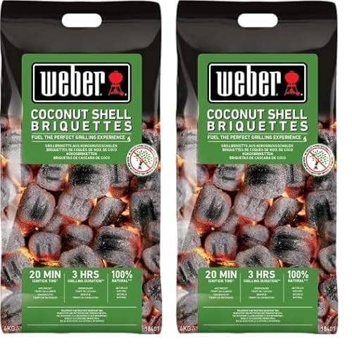 Weber Grill-Briketts aus Kokosnussschalen (4kg Sack), leistungsstark, für Lange und konstante Glut, ideal für längeres Grillen des Grillguts, 100% natürlich (18401) (Packung mit 2)