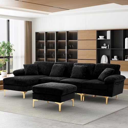 Image of OUYESSIR U-Shaped Sectional Sofa Couch, 4 Seat Sofa Set for Living Room, Convertible L-Shaped Velvet Couch Set with Chaise Lounge, Ottoman and Pillows,114 inches (Black)