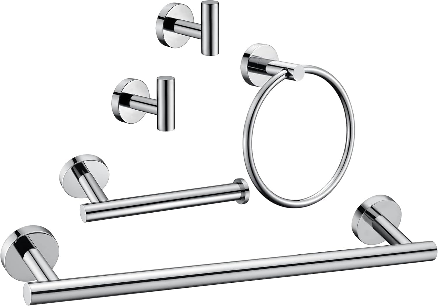 5 Pieces Polished Chrome Bathroom Hardware Accessories Set,Hand Towel Ring,16 inch Towel Bar,Toilet Paper Holder,2pcsTowel Hooks,Round SUS304 Stainless Steel Heavy Duty Wall Mount Holder,Towel Rack