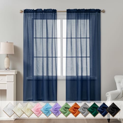 Image of Navy Blue Sheer Curtains 72 Inches Long, Privacy Semi Sheer Curtains for Living Room Bedroom, Light Filtering Rod Pocket Voile Window Drapes 2 Panels Set, Each 42 inch W x 72 inch L