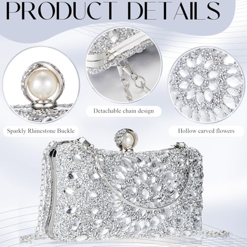 Image of Quelay 4 Pcs Purse Rhinestone Jewelry Set for Wedding Bridal Women Evening Clutch Bag Necklace Dangle Earrings Bracelets