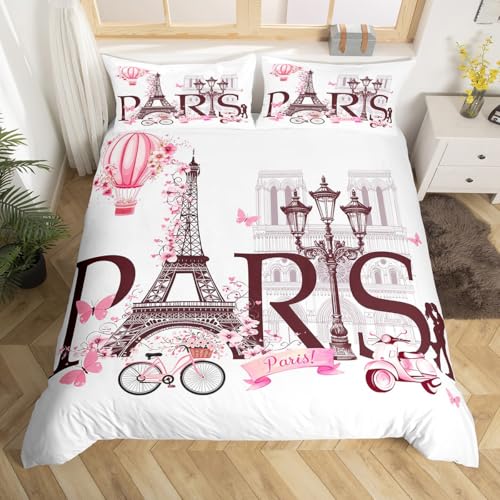 Homewish Housse de Couette Fille 220x240 Paris Chic - Parure de Lit Adulte 2 Personnes Tour Eiffel France - Sets de Housses de Couettes Thème Romantique...
