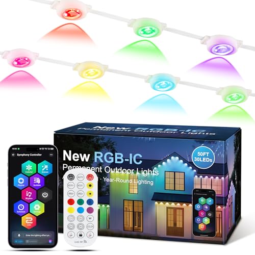 Briteglotec 50ft Permanent Outdoor Lights with 30 Bright LEDs 120 Wide Beam RGBIC Smart Eave Lights 16 Million Colors & Music Sync IP67 Waterproof Year-Round Architectural Lighting for House Decor