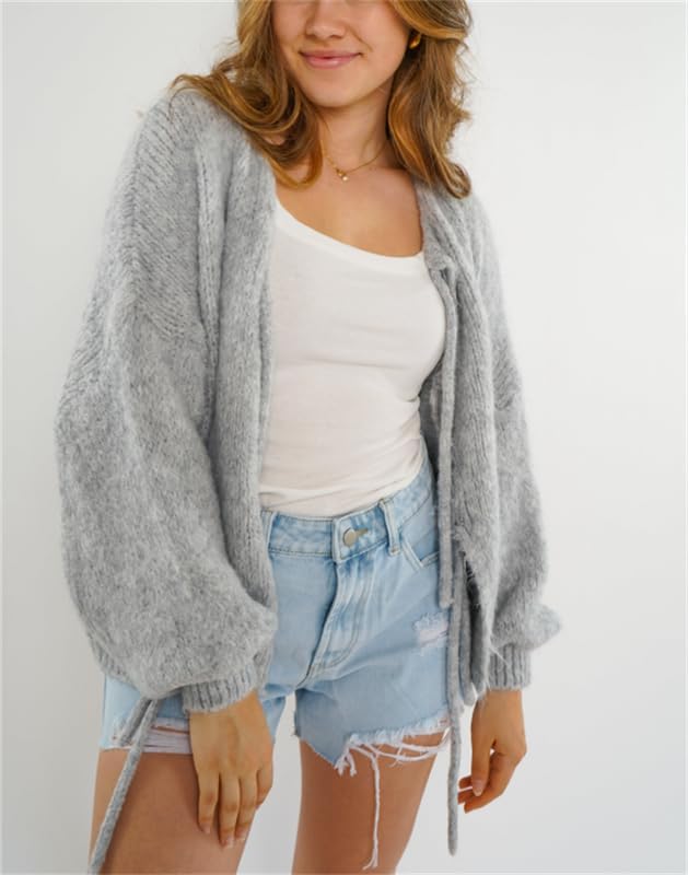 Image of Women Tie Front Oversized Knitted Cardigan Y2k Girls Knitwear Sweater Top Lantern Sleeve Open Front Cardigan (Grey, M)