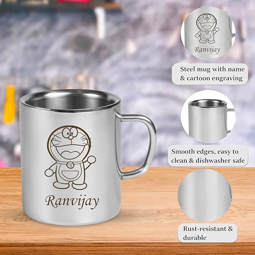 Image of SAVRI Personalized Stainless Steel Mug for Kids with Customized Name Engraved & Cartoon Design | 220 ml Double Wall Insulated Mug for School, Milk, Juice & Water (Doremon)