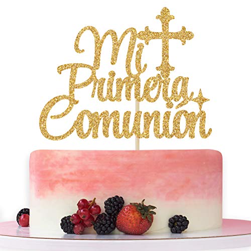 Mi Primera Comunión Cake Topper - First Holy Communion Cake Decor, God Bless This Child, Baby Shower, Wedding Baptism Christening Party Decorations Gold Glitter