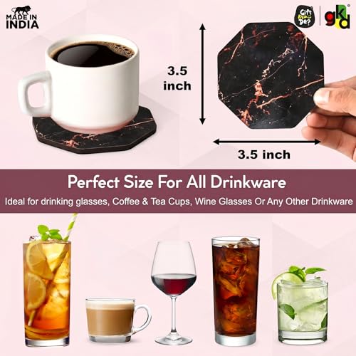 Image of GKD Wooden Coasters Set of 4 | Marble Design Glossy MDF Drink Coasters 3.5 Inch | Heat Resistant Tea Coffee Cup Holder | Table Protection for Home, Office & Dining | Made in India