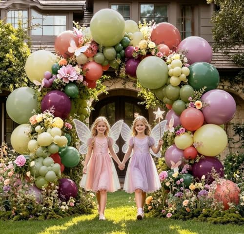 Image of Dusty Pink Green Yellow Balloon Garland - Double Stuffed Sage Olive Green Mauve Matte Pastel Plum Balloon Arch Kit for Baby Shower Birthday Floral Enchanted Forest Fairy Princess Fall Party Decoration