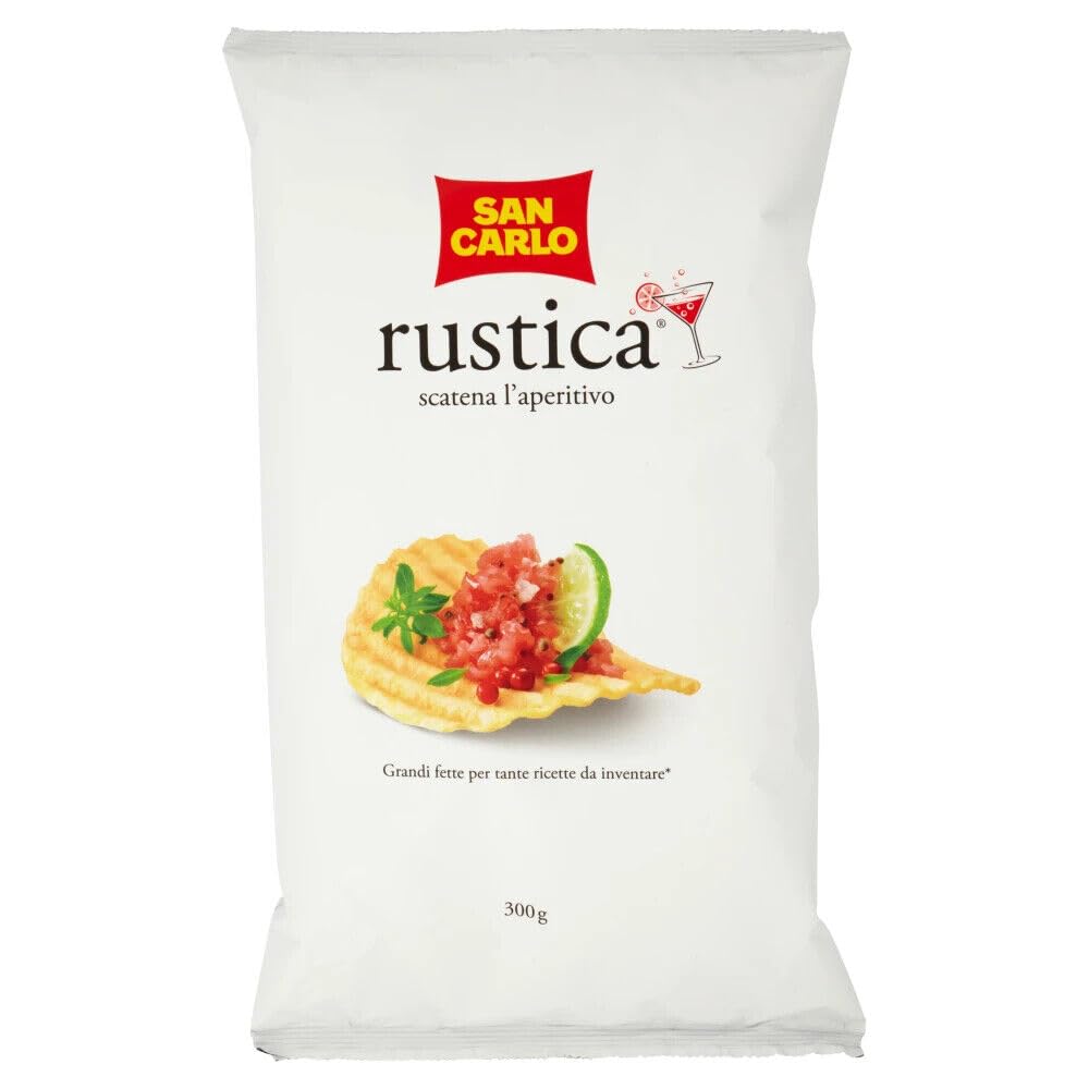 Confezione da 5 San Carlo Patatine Rustica, Busta da 300g + 1 Confezione di Talco Felce Azzurra in omaggio, Busta da 100g