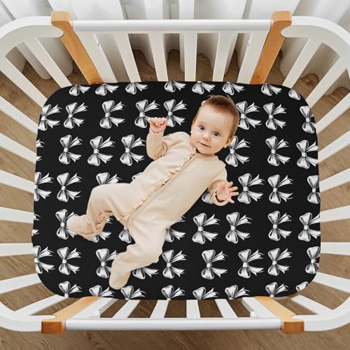 Image of Caikeny Fitted Crib Sheet for Boys Girls Black White Bow Baby Crib Sheets Bassinet Sheets Crib Mattress Bed Sheets for Toddler Newborn Infant 27 x 39 in