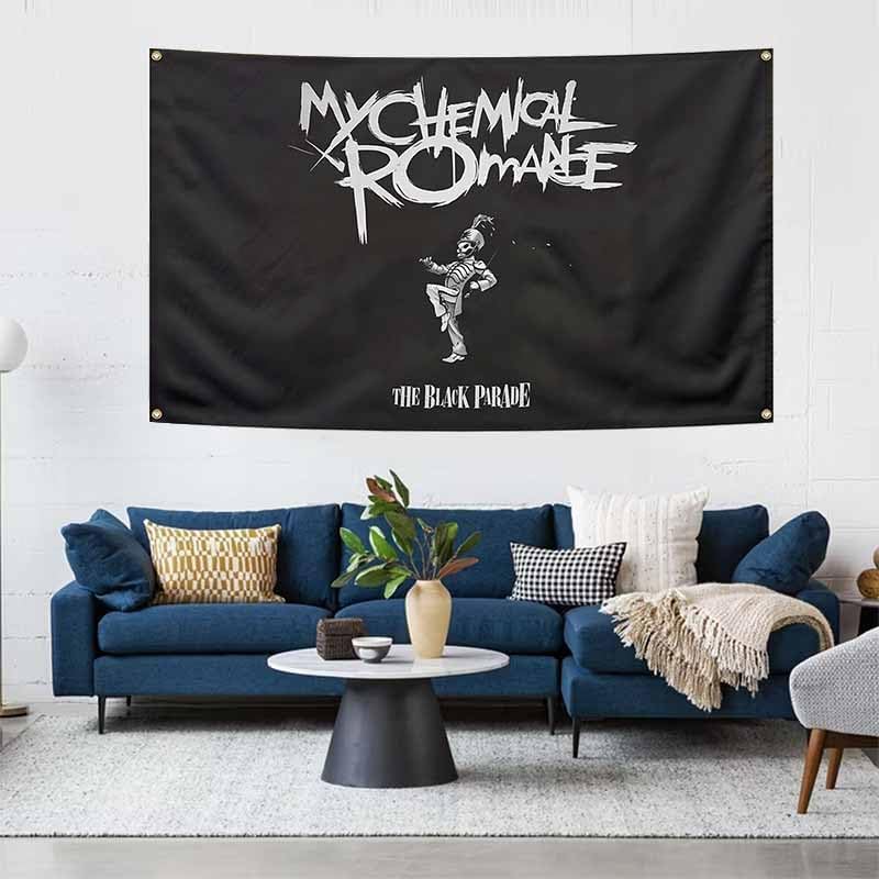 Image of Funny My Chemical Music Flag Romance Black Background With Brass Grommets 100% Polyester Man Cave Bedroom Wall Art Decor