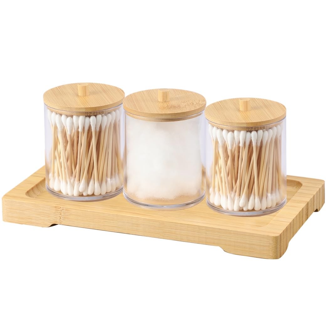Bathroom Countertop Organizers Qtip Holders with Vanity Tray 3Pcs 12 3Oz Durable Storage Containers with Lids for Cotton