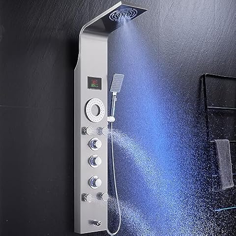 ROVOGO Shower Panel Tower System Unibody Design, Rain Mist Shower, Body Jets, Handheld and Tub Spout, No Battery Needed Led Lights and Temp Display, Shower Column 304 Stainless Steel Brushed Cover