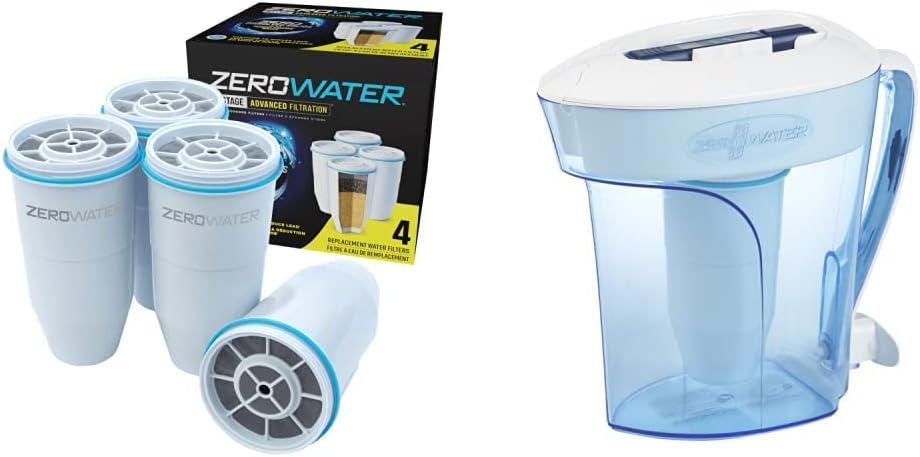 ZeroWater Official Replacement Filter 4-Pack + 10-Cup Ready-Pour 5-Stage Water Filter Pitcher