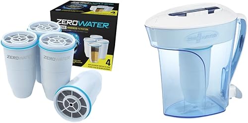 ZeroWater Filtro de repuesto oficial, paquete de 4 + jarra de filtro de agua de 5 etapas lista para verter de 10 tazas