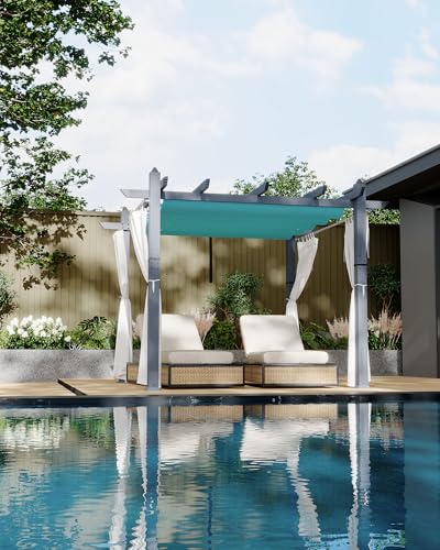 Image of KYBOLT 10x10 Ft Outdoor Pergola with Retractable Canopy & Side Mesh Screen Gray Post Patio Gazebo for Backyard Deck Garden Lawns Porch(Blue+White)