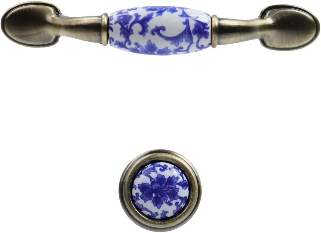 MY MIRONEY Blue and White Porcelain Ceramic Pulls and knobs Chinese-style Handles,Suitable for Cabinets, Drawers, Wardrobes, Screws Included,3" Hole Centers 4 PCS & 1.26" Single-hole Round 4 PCS